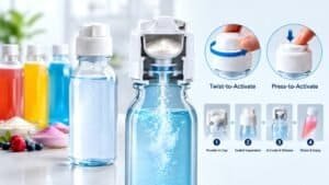 Close-up of a twist-to-activate and press-to-activate beverage cap with a water bottle in the background.